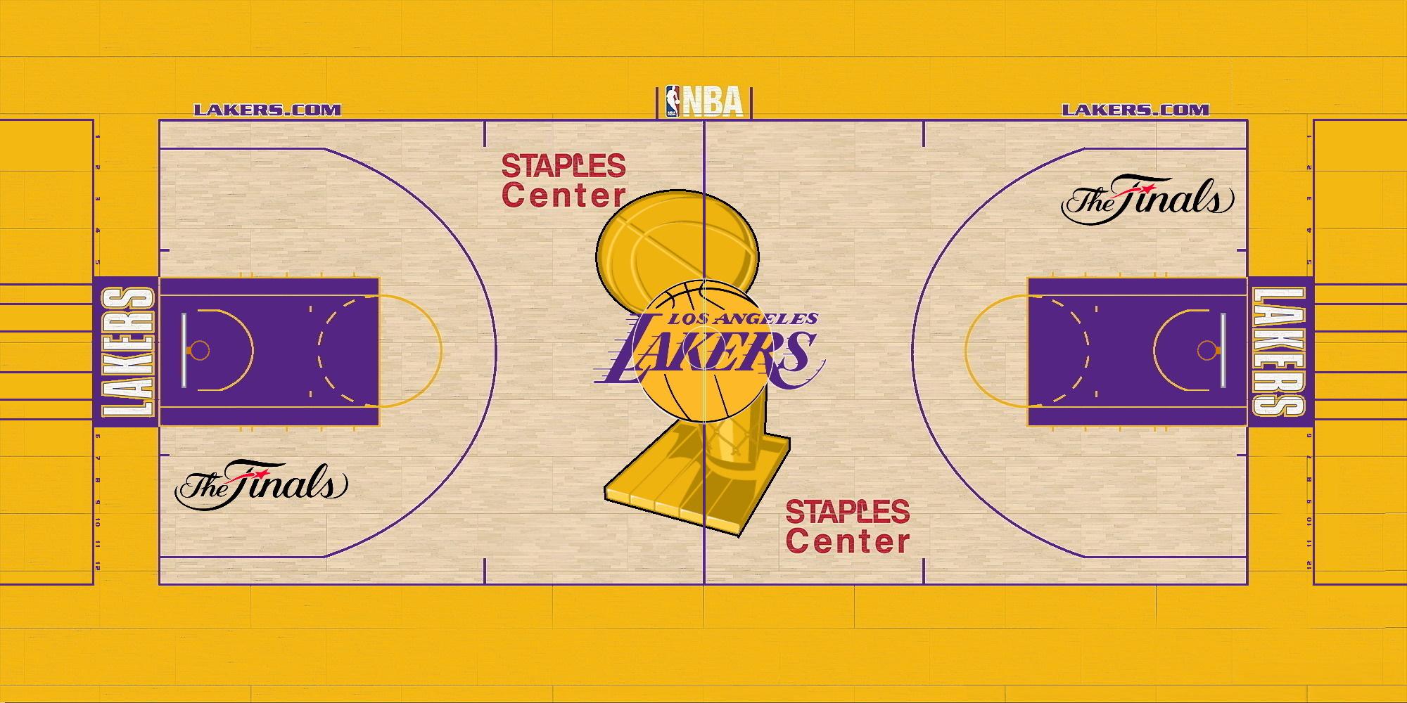 2009 NBA Finals court overhead diagram at Staples Center for the Los Angeles Lakers vs Orlando Magic with the Los Angeles Lakers primary logo painted big at center court with the Larry O'Brien Trophy painted small above it, the original The Finals cursive script wordmark painted in all four corners of the court, the NBA primary Jerry West silhouette logo painted on the sideline at the top of center court, Staples Center sponsor branding above and below center, LAKERS wordmark in white running vertically along both baselines, Lakers gold paint outside the three-point arc, and LAKERS.COM along the sideline