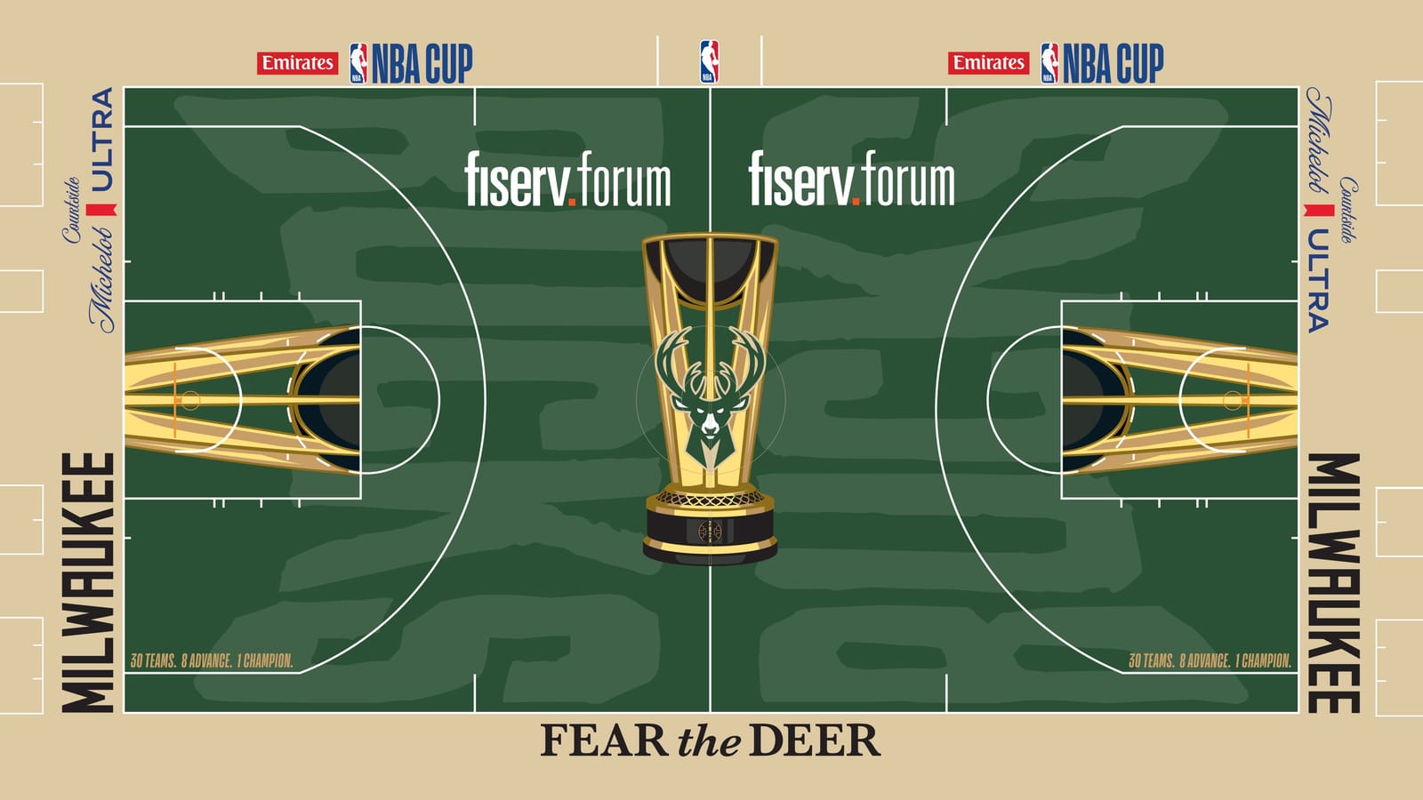 Milwaukee Bucks 2026 NBA Cup court: hunter green floor with the gold NBA Cup trophy and deer-head logo at center court, cream apron with black MILWAUKEE wordmarks and FEAR the DEER on the sideline