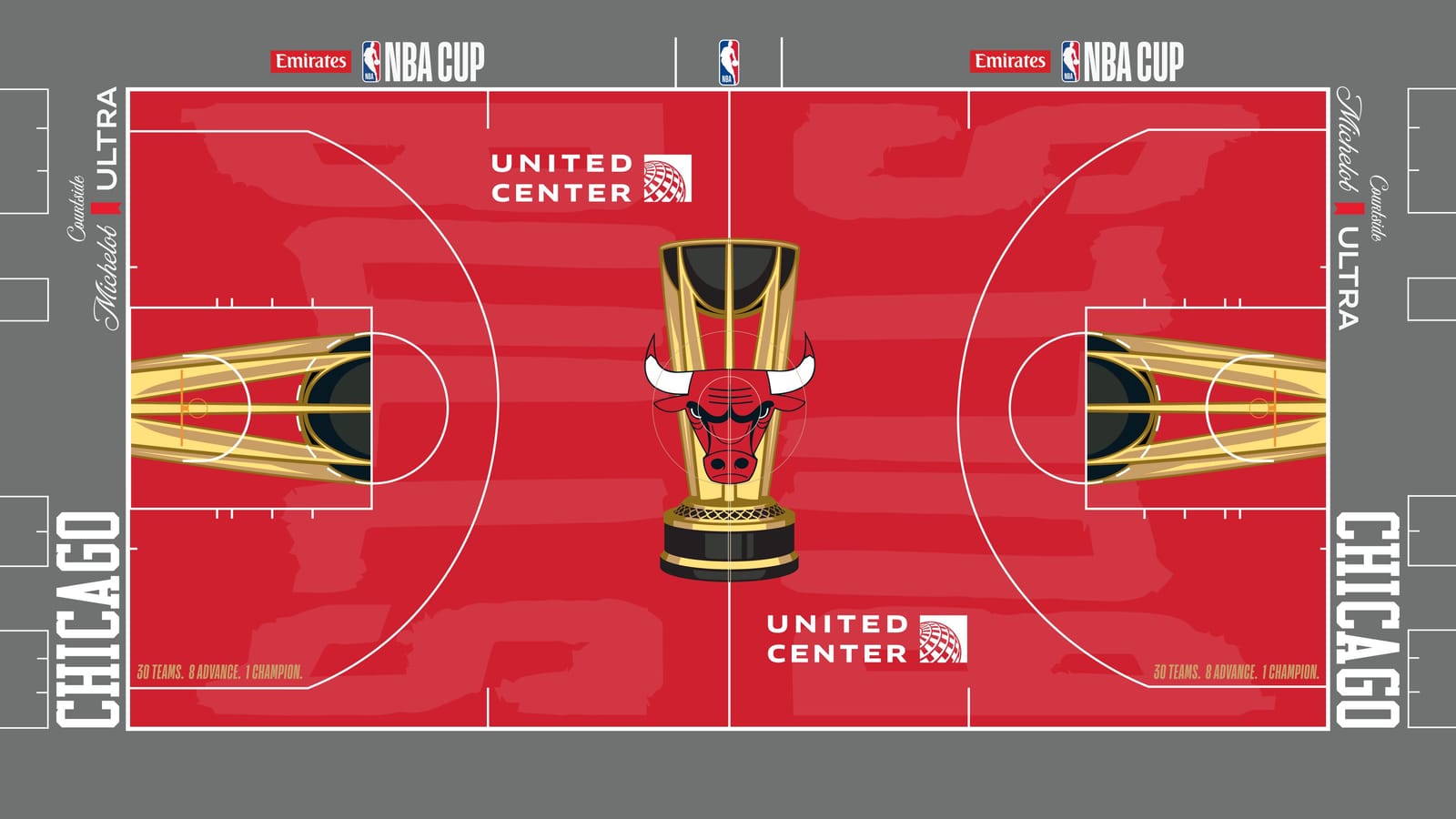 Chicago Bulls 2026 NBA Cup court: red floor with the bull-head logo on the gold trophy, gray apron with white CHICAGO wordmarks