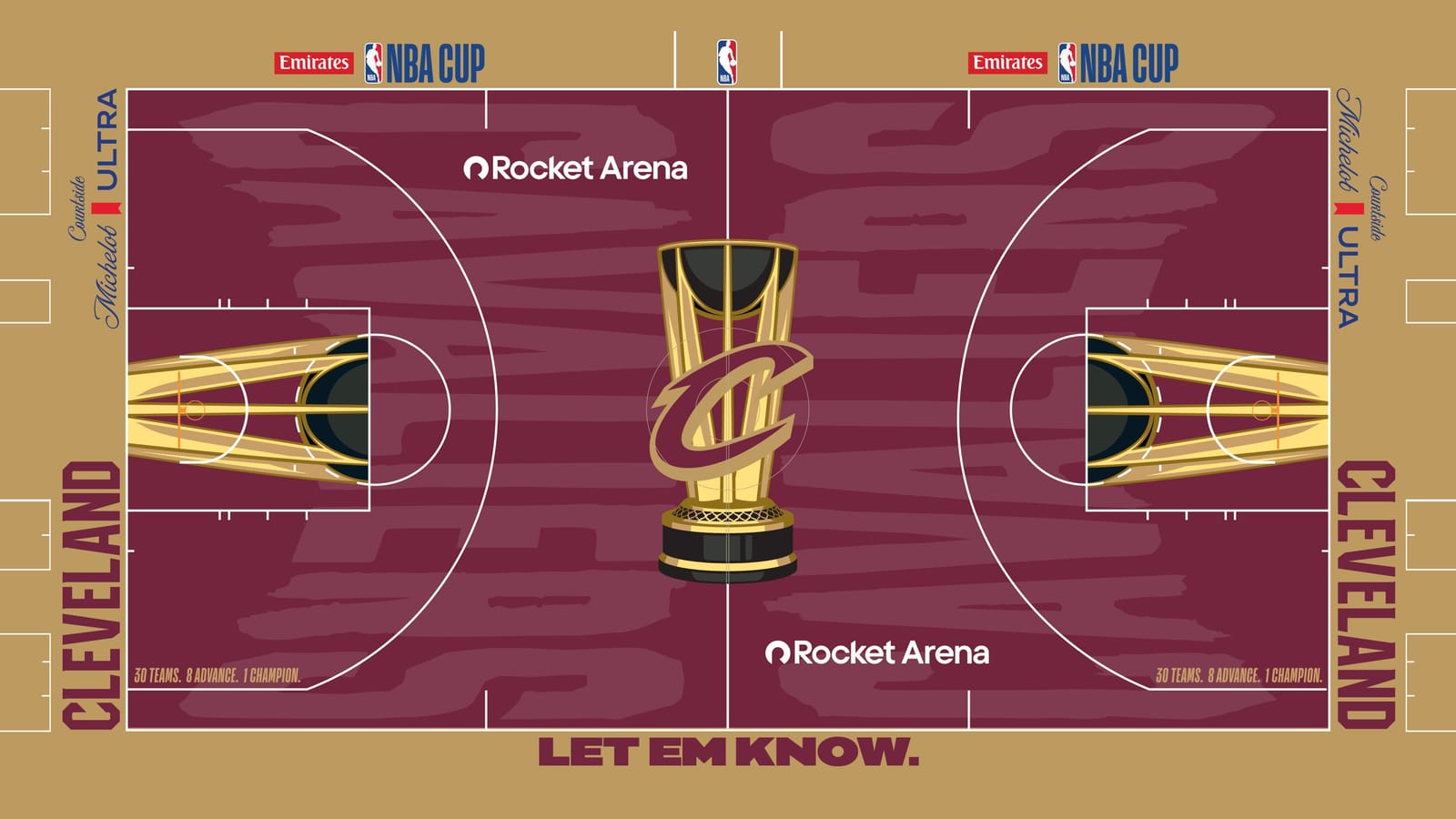 Cleveland Cavaliers 2026 NBA Cup court: wine floor with the Cavs C logo on the gold trophy, gold apron with wine CLEVELAND wordmarks and LET EM KNOW. on the sideline