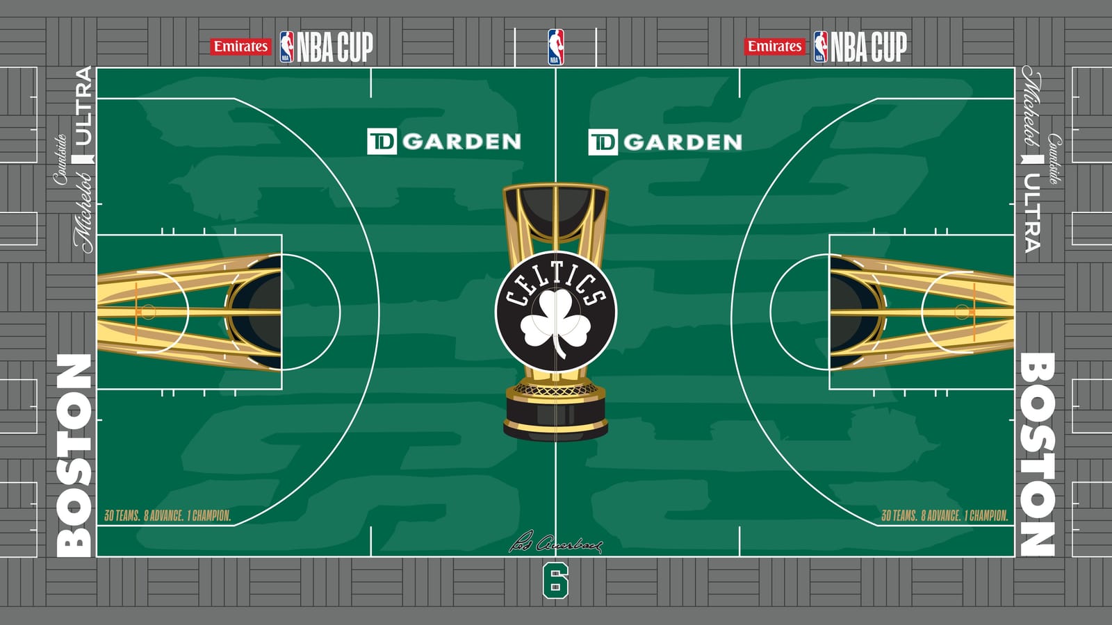 Boston Celtics 2026 NBA Cup court: kelly green floor with the black CELTICS shamrock roundel on the gold trophy, gray parquet-pattern apron with white BOSTON wordmarks, a Red Auerbach signature and a green No. 6 for Bill Russell