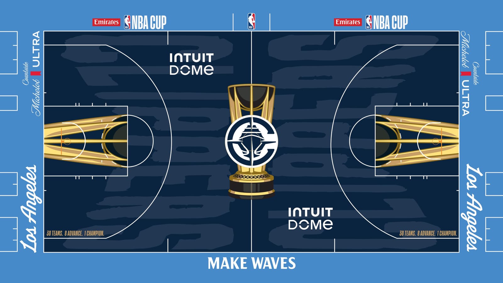LA Clippers 2026 NBA Cup court: navy floor with the Clippers ship roundel on the gold trophy, light blue apron with white script Los Angeles wordmarks and MAKE WAVES on the sideline