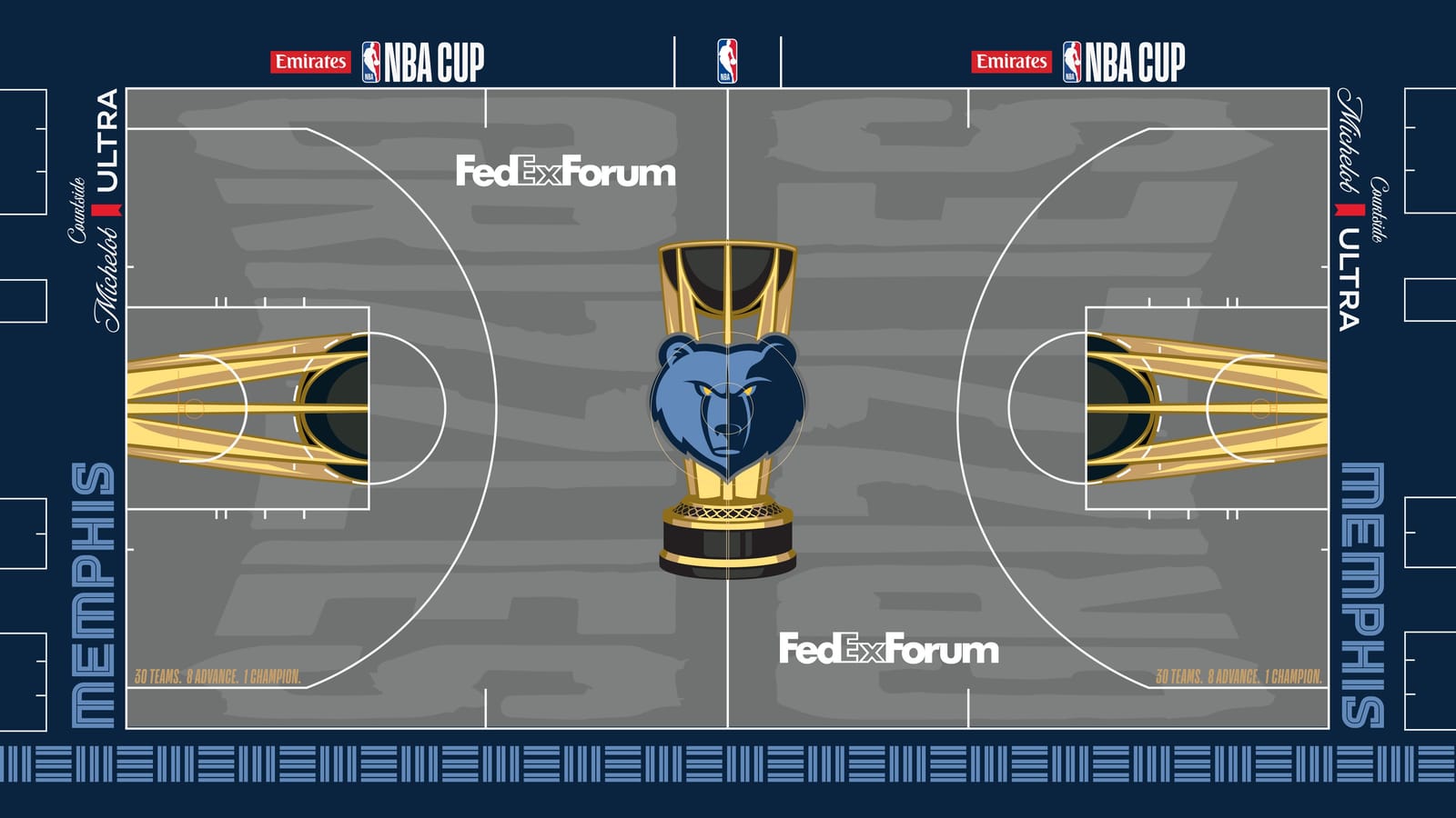 Memphis Grizzlies 2026 NBA Cup court: gray floor with the blue bear-head logo on the gold trophy, navy apron with light blue MEMPHIS wordmarks and a light blue patterned stripe along the sideline