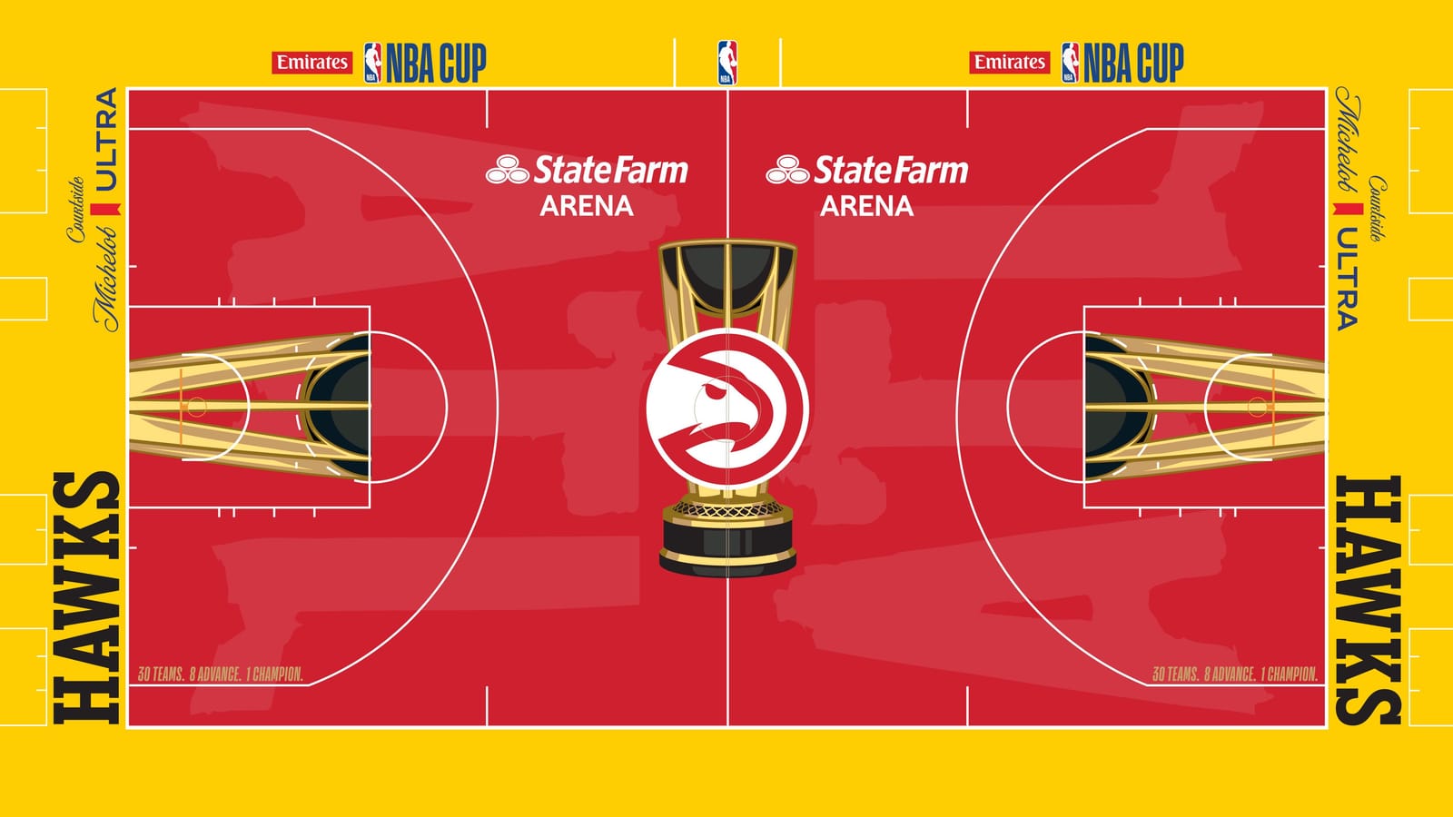 Atlanta Hawks 2026 NBA Cup court: red floor with the Hawks head logo in a white circle on the gold trophy, bright yellow apron with black HAWKS wordmarks and State Farm Arena logos