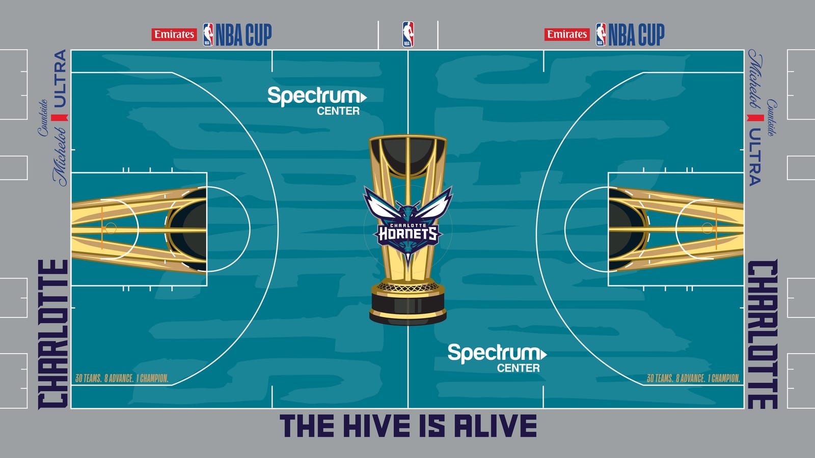 Charlotte Hornets 2026 NBA Cup court: teal floor with the Hornets logo on the gold trophy, gray apron with purple CHARLOTTE wordmarks and THE HIVE IS ALIVE on the sideline