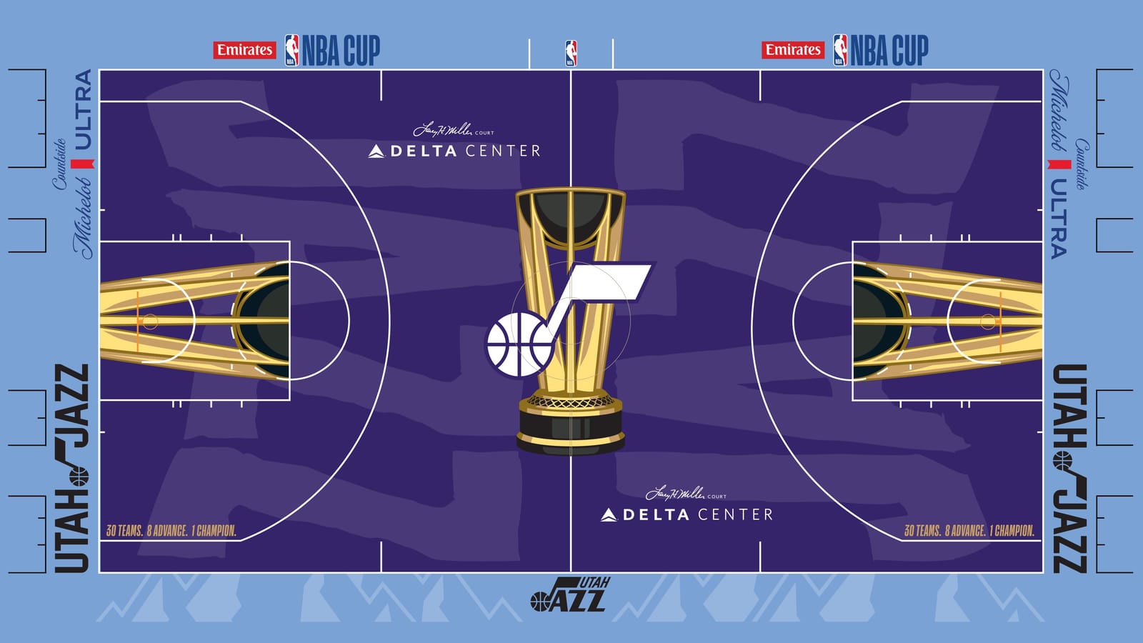 Utah Jazz 2026 NBA Cup court: purple floor with the white Jazz note and basketball logo wrapped around the gold trophy, light blue apron with tonal mountain shapes, black UTAH JAZZ wordmarks and a Utah Jazz logo at midcourt