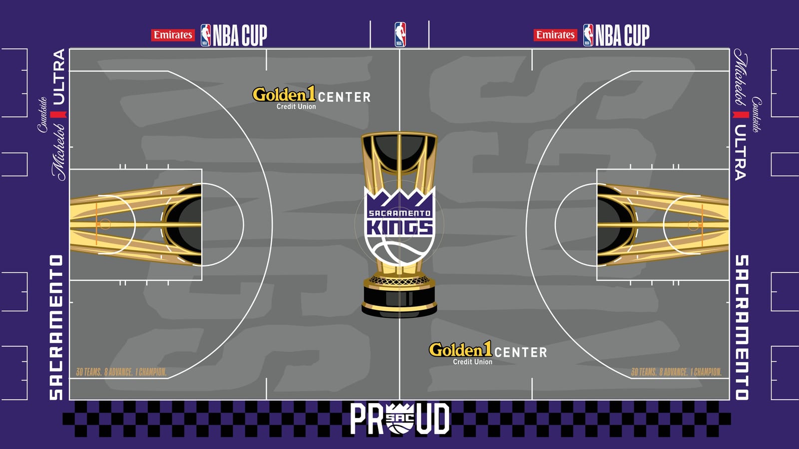 Sacramento Kings 2026 NBA Cup court: gray floor with the Kings crown shield logo on the gold trophy, purple apron with white SACRAMENTO wordmarks and a black and purple checkerboard strip with PROUD on the sideline