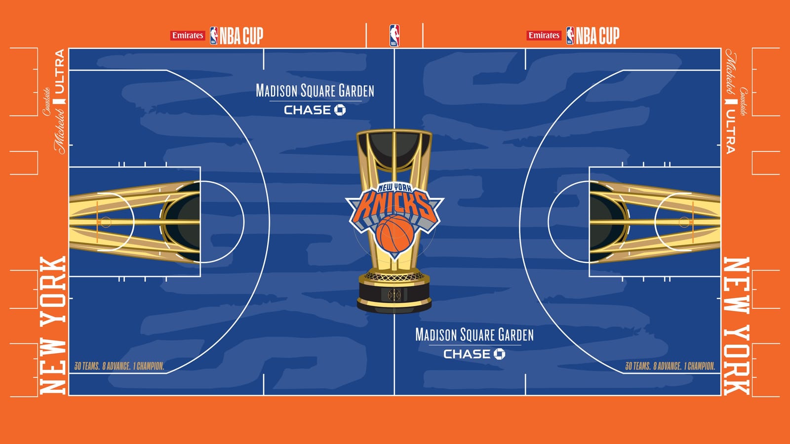New York Knicks 2026 NBA Cup court: royal blue floor with the Knicks logo on the gold trophy, orange apron with white NEW YORK wordmarks and Madison Square Garden Chase logos