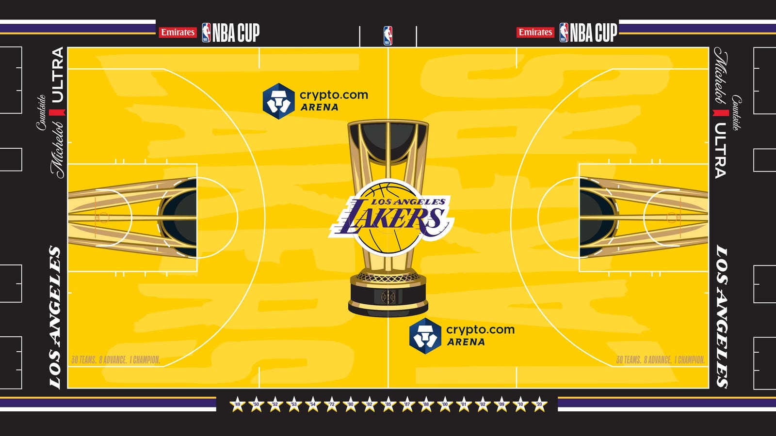Los Angeles Lakers 2026 NBA Cup court: gold floor with the Lakers logo on the gold trophy, black apron with purple and gold stripes, white LOS ANGELES wordmarks and 17 championship stars from '49 to '20 on the sideline