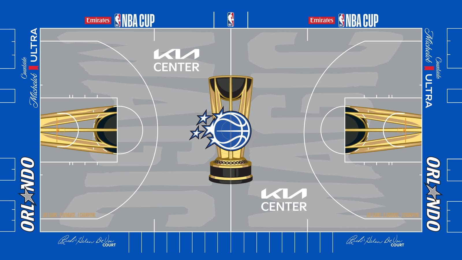 Orlando Magic 2026 NBA Cup court: light gray floor with the Magic star and ball logo on the gold trophy, royal blue apron with ORLANDO wordmarks using a star for the A, white sideline stripes and Rich and Helen DeVos Court signatures