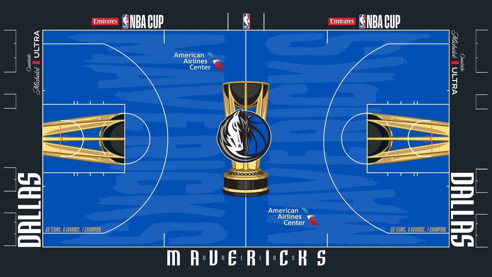 Dallas Mavericks 2026 NBA Cup court: royal blue floor with the horse-head logo on the gold trophy, black apron with white DALLAS wordmarks and a spaced MAVERICKS wordmark with DALLAS tucked between the letters