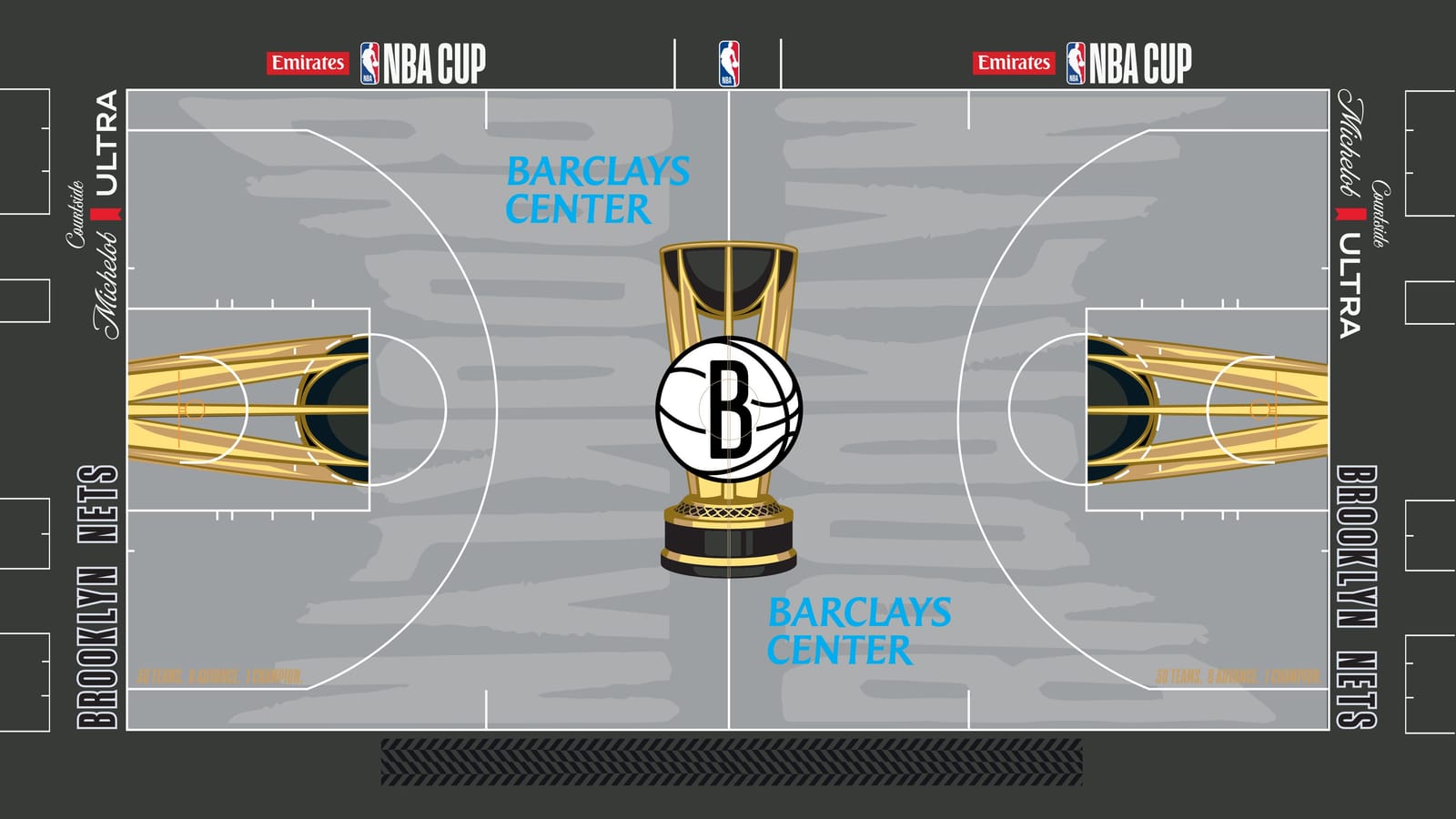 Brooklyn Nets 2026 NBA Cup court: light gray floor with the Nets B ball logo on the gold trophy, charcoal apron with outlined BROOKLYN NETS wordmarks and a black chevron strip along the sideline