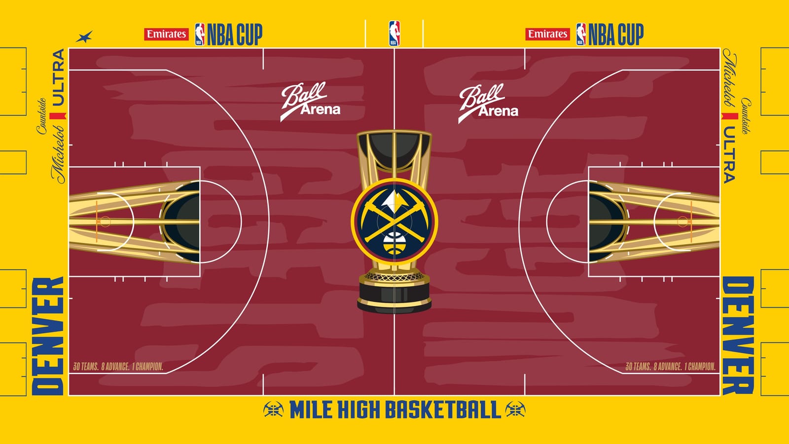 Denver Nuggets 2026 NBA Cup court: maroon floor with the Nuggets logo on the gold trophy, yellow apron with blue DENVER wordmarks and MILE HIGH BASKETBALL flanked by pickaxe logos