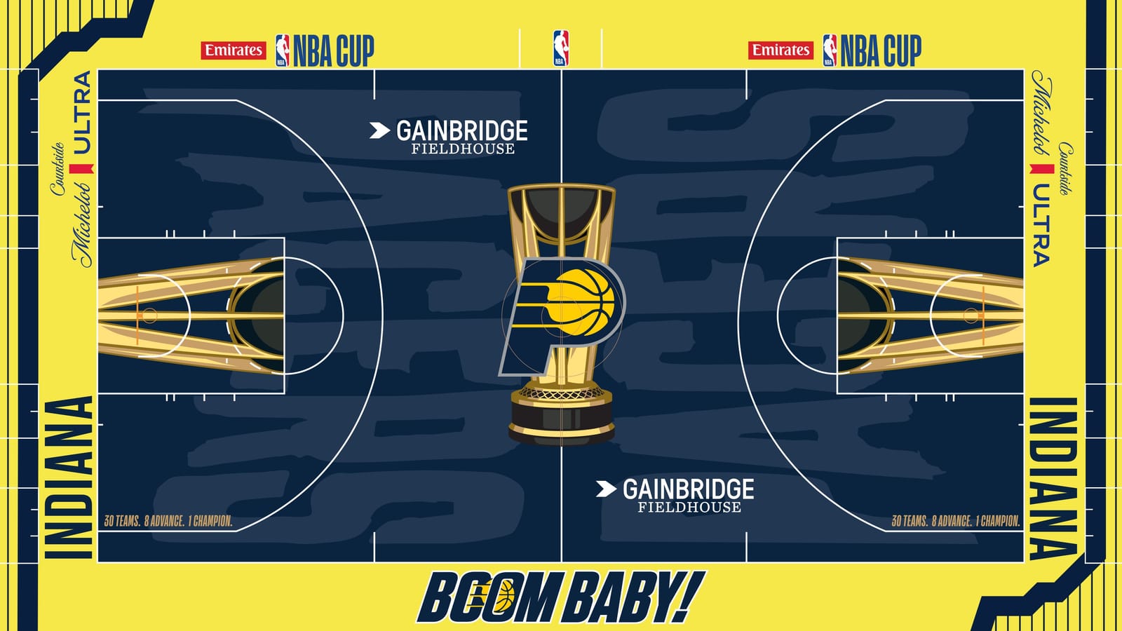 Indiana Pacers 2026 NBA Cup court: navy floor with the Pacers P ball logo on the gold trophy, yellow apron with navy pinstripes and angular corner trim, navy INDIANA wordmarks and BOOM BABY! on the sideline