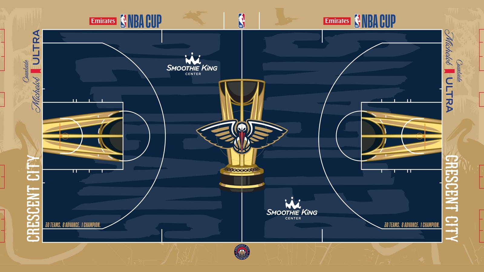 New Orleans Pelicans 2026 NBA Cup court: navy floor with the Pelicans logo on the gold trophy, gold apron with tonal pelican, cypress tree and river map silhouettes, white CRESCENT CITY wordmarks and a Crescent City Basketball roundel
