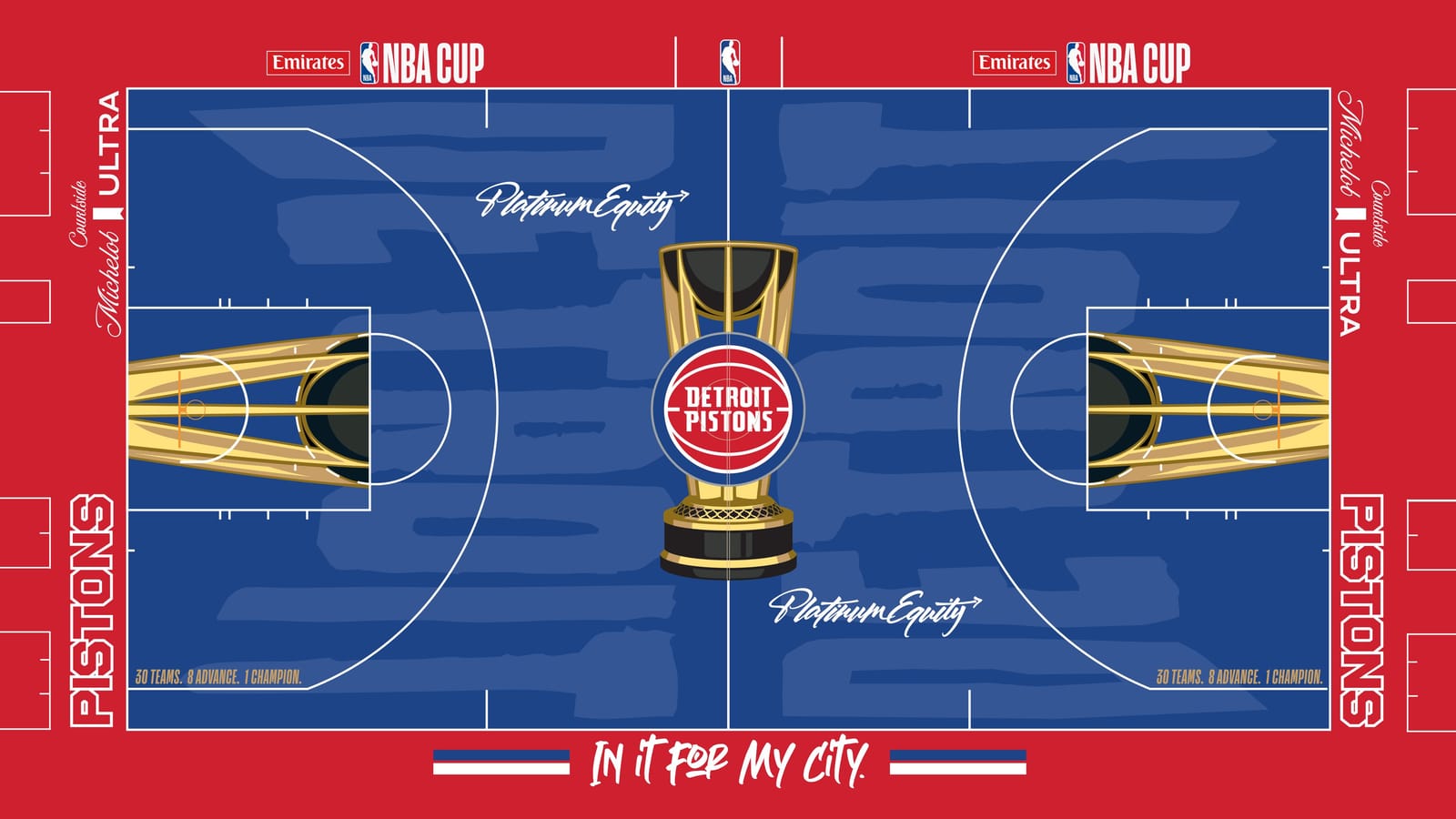 Detroit Pistons 2026 NBA Cup court: royal blue floor with the red Detroit Pistons ball logo on the gold trophy, red apron with white PISTONS wordmarks and IN IT FOR MY CITY. between red, white and blue stripes