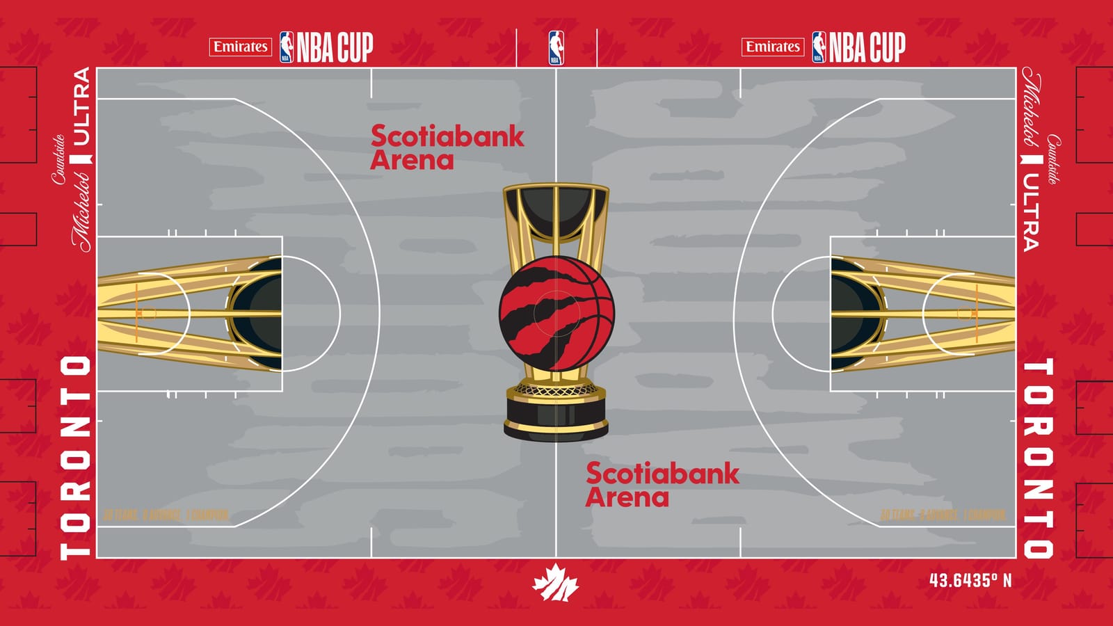 Toronto Raptors 2026 NBA Cup court: light gray floor with the red claw ball logo on the gold trophy, red apron with a tonal maple leaf pattern, white TORONTO wordmarks, a maple leaf at midcourt and 43.6435 N in the corner