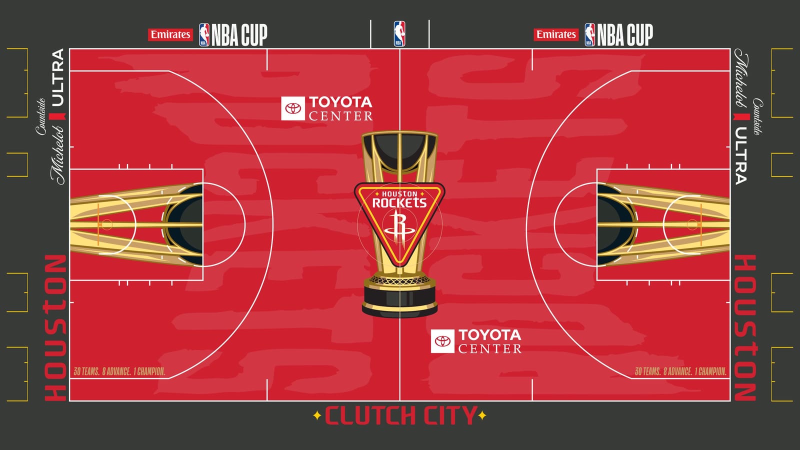 Houston Rockets 2026 NBA Cup court: red floor with the triangle Houston Rockets crest on the gold trophy, charcoal apron with red HOUSTON wordmarks and CLUTCH CITY between gold stars