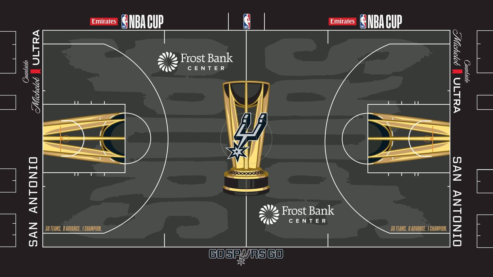 San Antonio Spurs 2026 NBA Cup court: charcoal floor with the spur logo on the gold trophy, black apron with white SAN ANTONIO wordmarks and a GO SPURS GO logo on the sideline