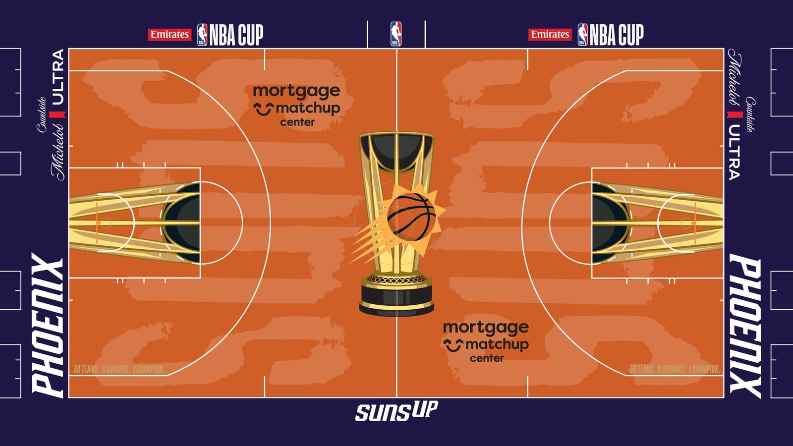 Phoenix Suns 2026 NBA Cup court: burnt orange floor with the sunburst ball logo on the gold trophy, purple apron with white PHOENIX wordmarks and SUNS UP on the sideline