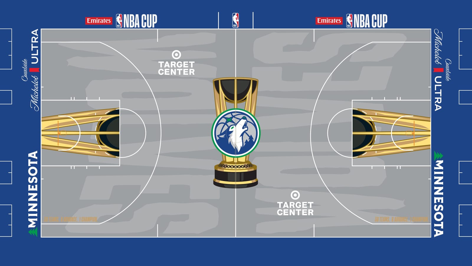 Minnesota Timberwolves 2026 NBA Cup court: light gray floor with the wolf logo in a green ring on the gold trophy, royal blue apron with white MINNESOTA wordmarks and green tree icons