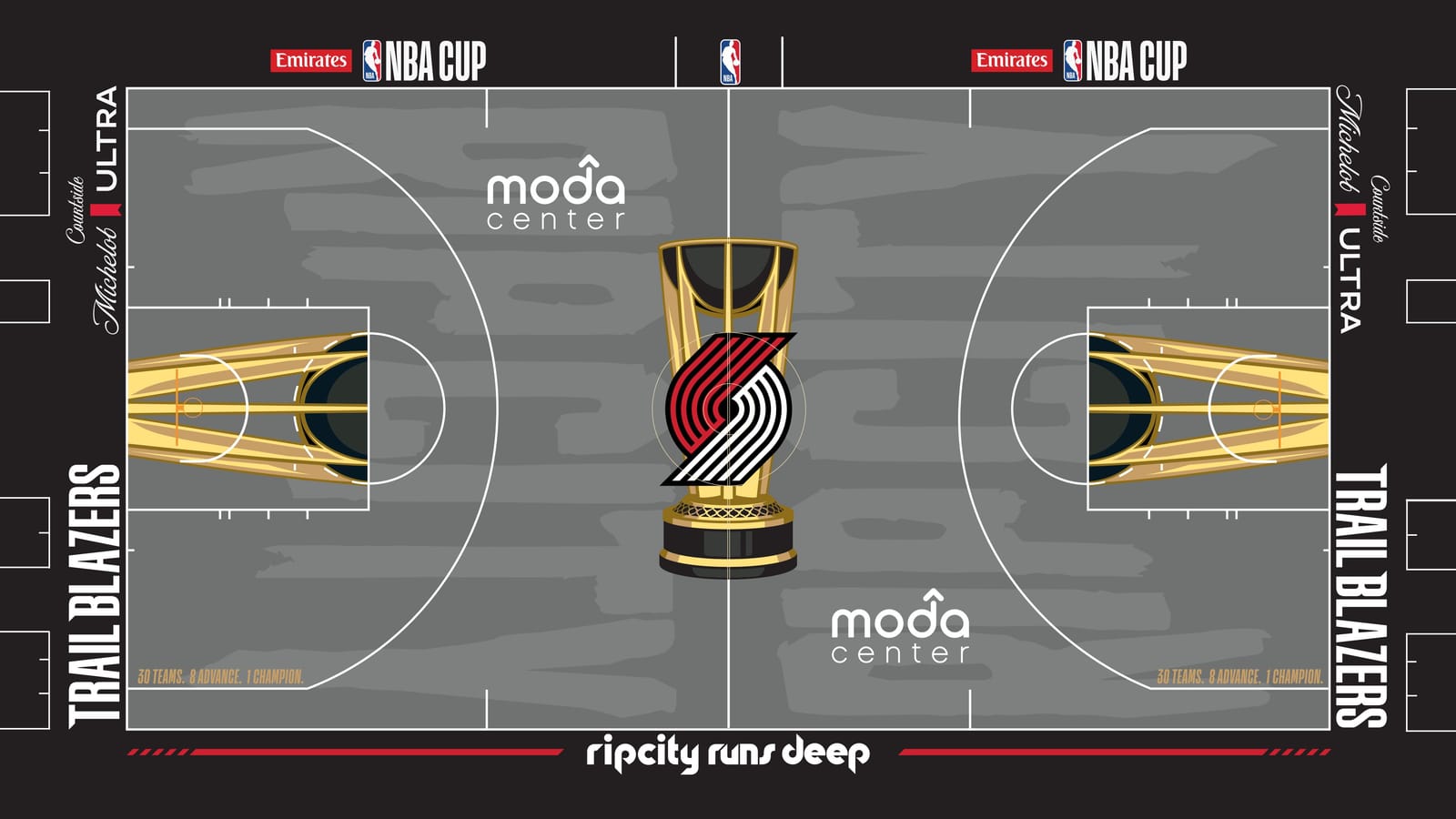 Portland Trail Blazers 2026 NBA Cup court: gray floor with the red, white and black pinwheel logo on the gold trophy, black apron with white TRAIL BLAZERS wordmarks and rip city runs deep between red stripes
