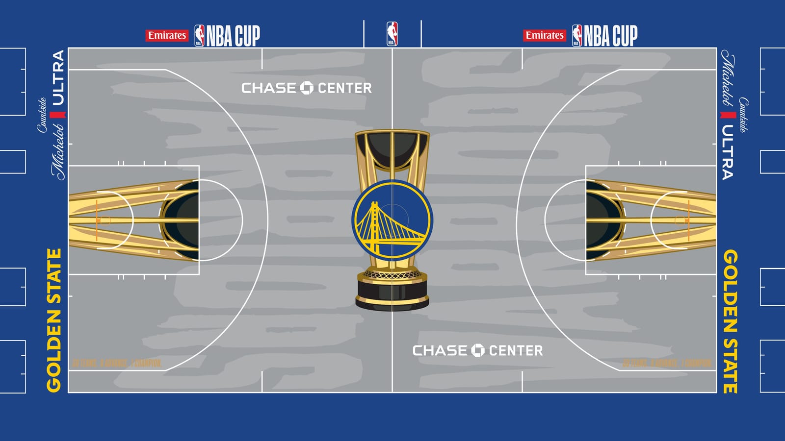 Golden State Warriors 2026 NBA Cup court: light gray floor with the Golden Gate Bridge logo on the gold trophy, royal blue apron with gold GOLDEN STATE wordmarks