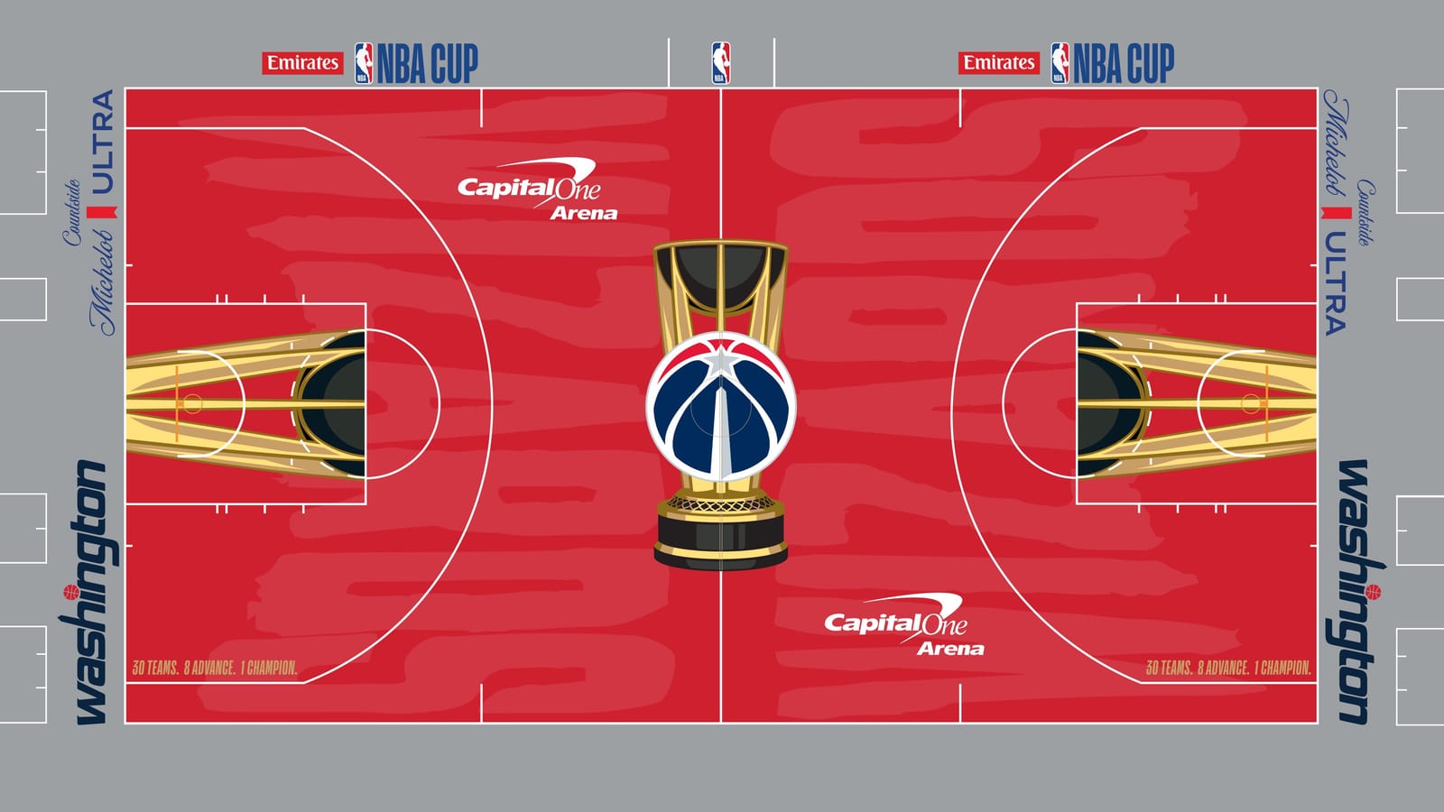 Washington Wizards 2026 NBA Cup court: red floor with the red, white and blue monument ball logo on the gold trophy, gray apron with navy script washington wordmarks