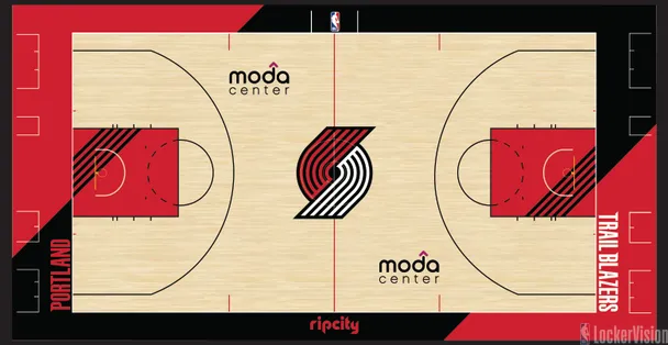 Portland Trail Blazers Moda Center home court for 2026 NBA Playoffs Round 1 with red pinwheel design