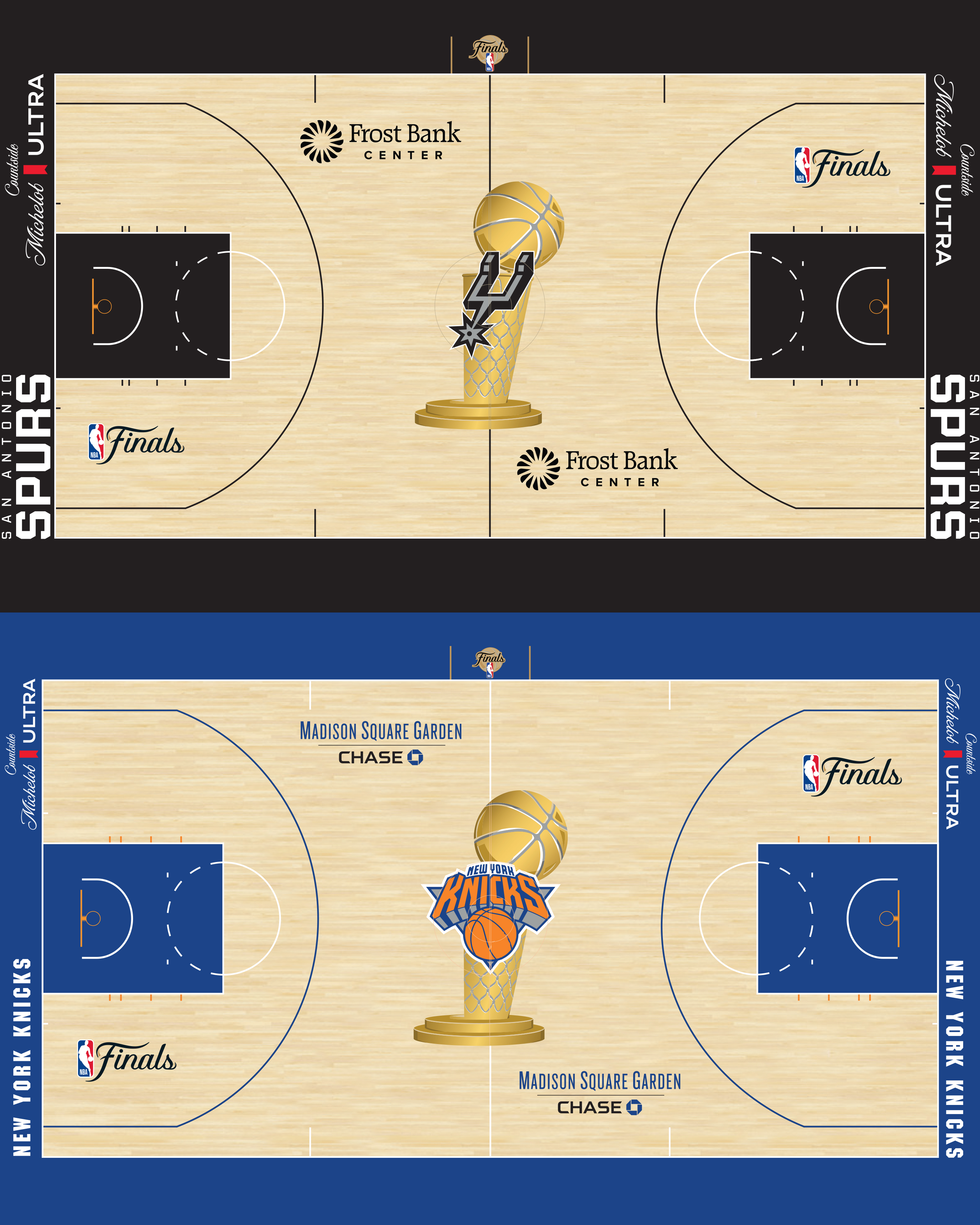 2026 NBA Finals court designs revealed side by side for the New York Knicks at Madison Square Garden and the San Antonio Spurs at Frost Bank Center, both courts featuring the Larry O'Brien Trophy painted at center court with the home team's primary mark embedded inside the trophy silhouette, The Finals cursive script wordmark painted in both keys, and a brand new NBA Finals logo painted on the sideline directly above the center court trophy