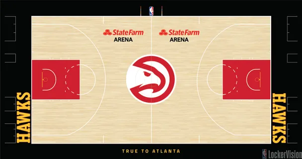 Atlanta Hawks State Farm Arena home court for 2026 NBA Playoffs Round 1 with red and volt yellow branding