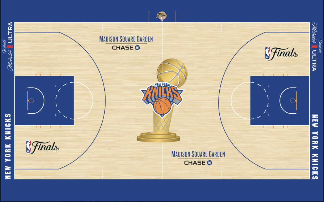 New York Knicks 2026 NBA Finals court design at Madison Square Garden with Knicks blue paint outside the three-point arc, NEW YORK KNICKS wordmark in white running vertically along both baselines, Madison Square Garden Chase sponsor logo on both sidelines, the Larry O'Brien Trophy painted at center court with the Knicks roundel embedded inside the trophy silhouette, The Finals cursive script logo painted in both keys, and the new NBA Finals logo painted on the sideline directly above center court