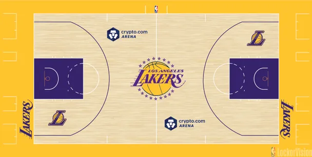 Los Angeles Lakers Crypto.com Arena primary home court for 2026 NBA Playoffs Round 1 with iconic purple and gold design