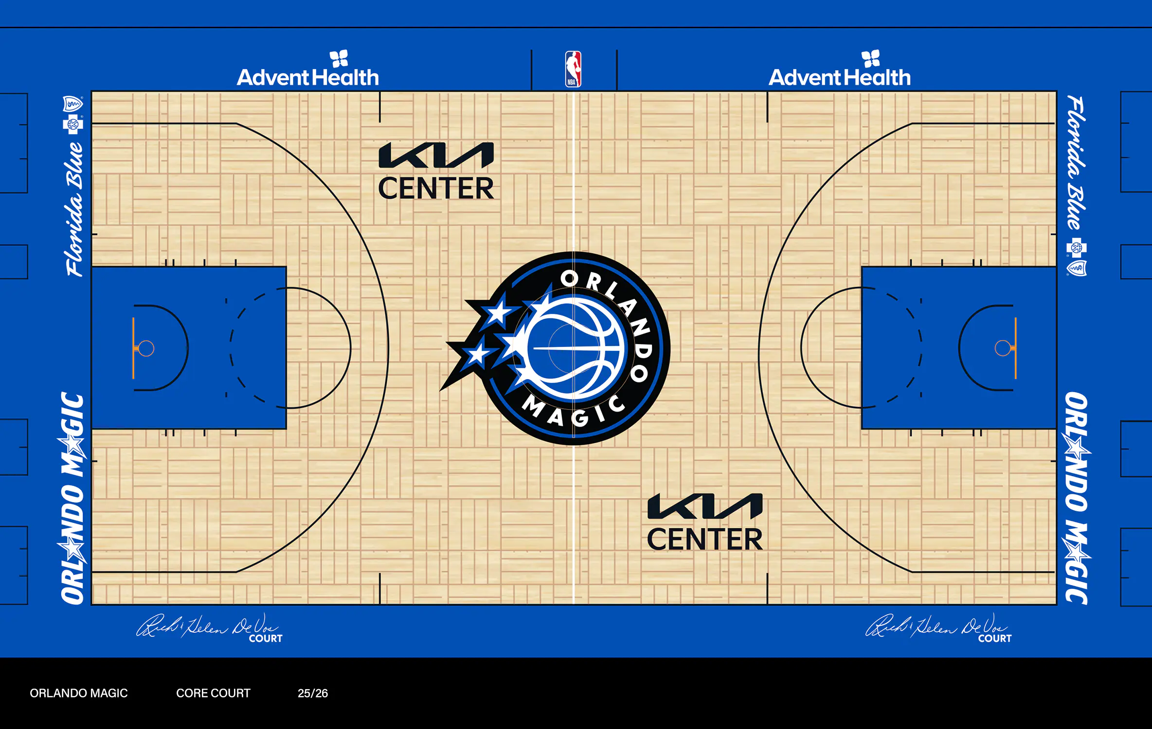 Orlando Magic Kia Center home court for 2026 NBA Playoffs Round 1 with blue and black design