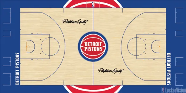 Detroit Pistons Little Caesars Arena home court for 2026 NBA Playoffs Round 1 with classic red white and blue design