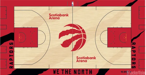 Toronto Raptors Scotiabank Arena home court for 2026 NBA Playoffs Round 1 with claw mark design and red and black branding