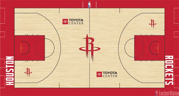 Houston Rockets Toyota Center home court for 2026 NBA Playoffs Round 1 with red and black branding