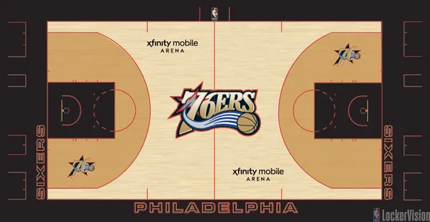 Philadelphia 76ers Wells Fargo Center throwback alternate court for 2026 NBA Playoffs Round 1 first two games against Boston Celtics