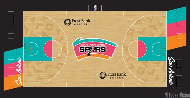 San Antonio Spurs Frost Bank Center Fiesta City Edition court for 2026 NBA Playoffs Round 1 with pink teal orange and yellow Fiesta colors painted on the floor