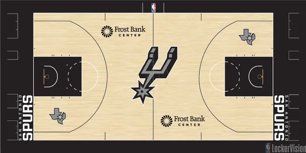 San Antonio Spurs Frost Bank Center primary home court for 2026 NBA Playoffs Round 1 with classic black and silver design