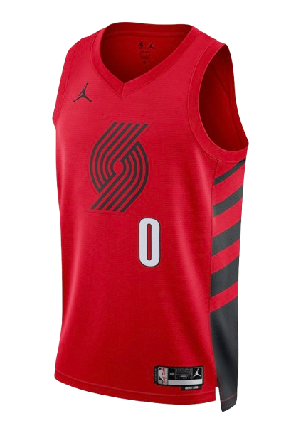 Portland Trail Blazers Statement Edition red alternate road jersey and uniform for 2026 NBA Playoffs Round 1 Game 5 at San Antonio Spurs