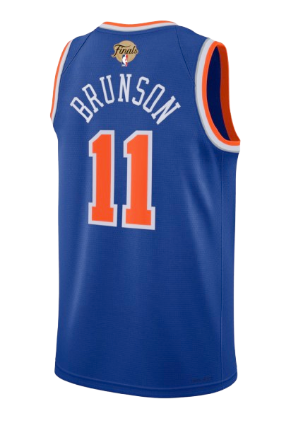 New York Knicks 2026 NBA Finals Icon Edition blue jersey back view from Fanatics showing the 2026 NBA Finals patch in white at the top center of the back just below the collar and above the BRUNSON nameplate and the large orange 11 number