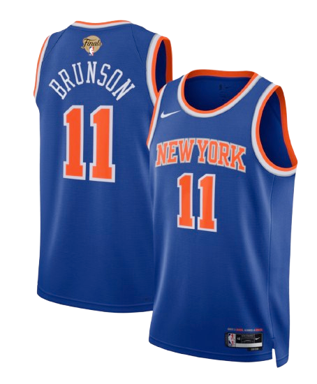New York Knicks 2026 NBA Finals Icon Edition blue jersey product shot from Fanatics showing both back and front views with NBA Finals patch placed at the top center of the back of the jersey above the BRUNSON nameplate and 11 number, orange and white side piping, and white NEW YORK wordmark on the front