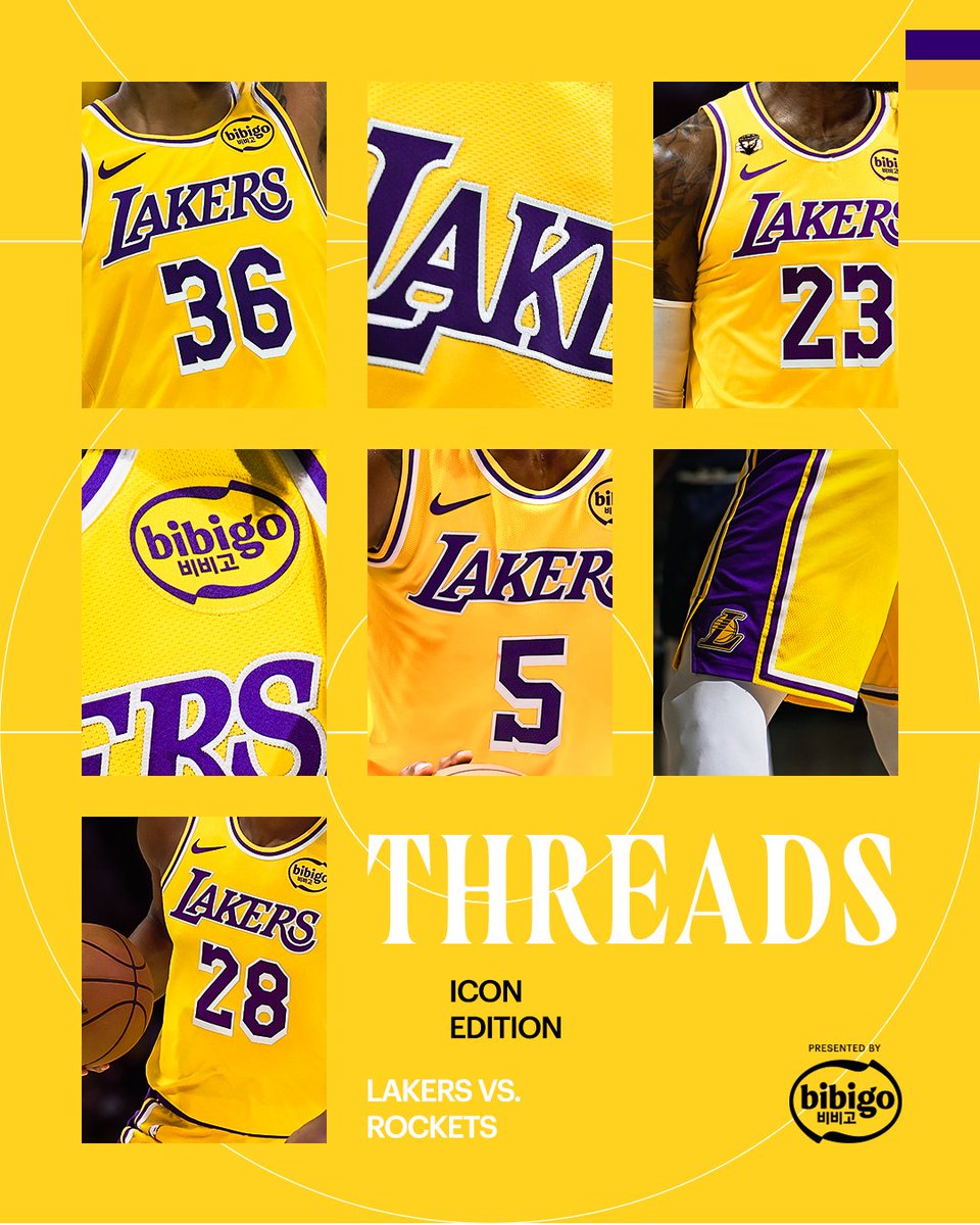 Los Angeles Lakers Threads Icon Edition uniform reveal graphic for the 2026 NBA Playoffs Round 1 vs the Houston Rockets showing Lakers jersey collage and presenting partner Bibigo