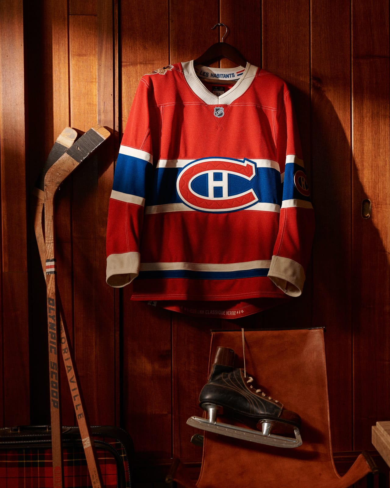 Montreal Canadiens 2026 Heritage Classic red jersey with blue chest band, felt CH crest and Les Habitants collar