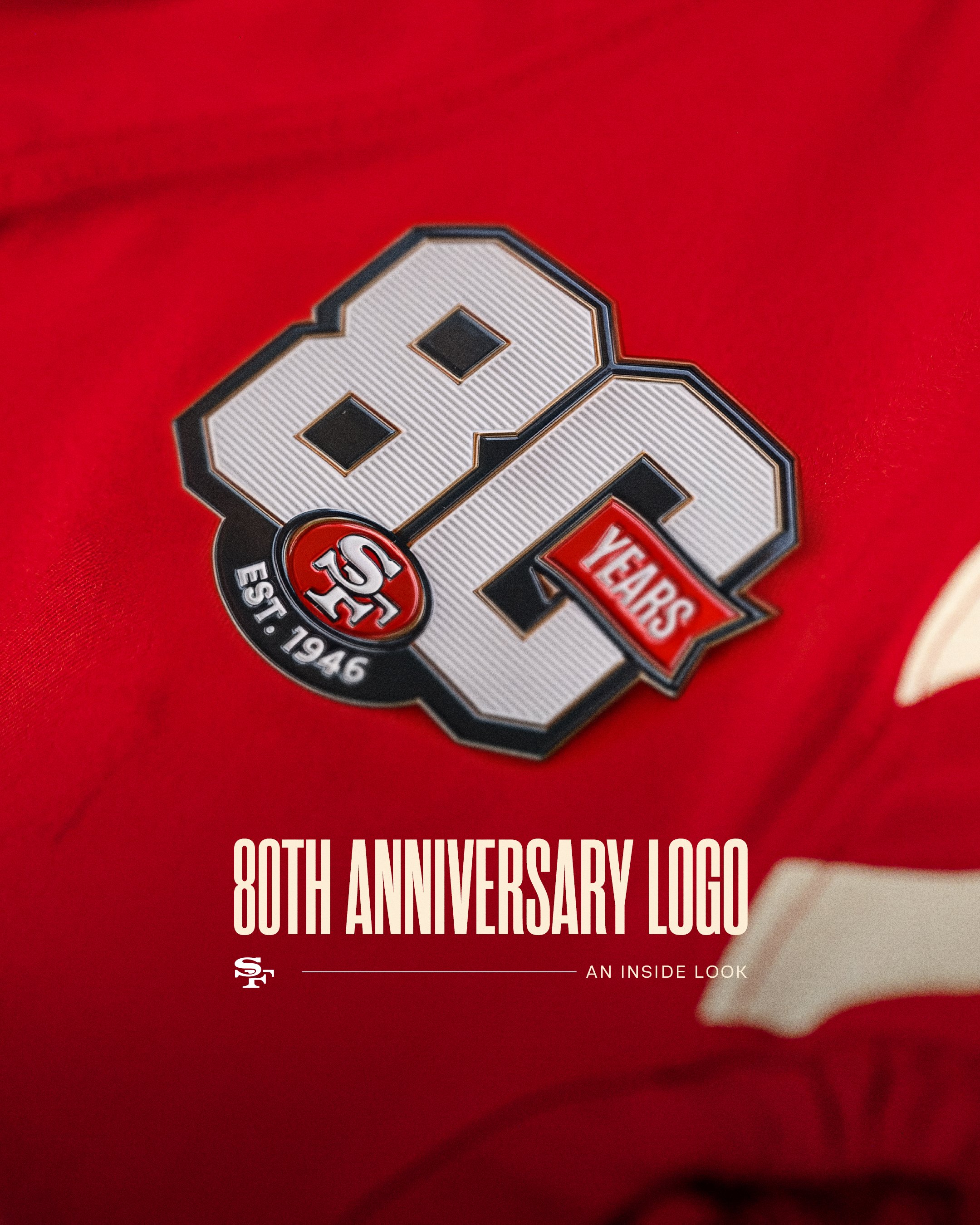 San Francisco 49ers 80th anniversary patch on red jersey 2026 NFL season