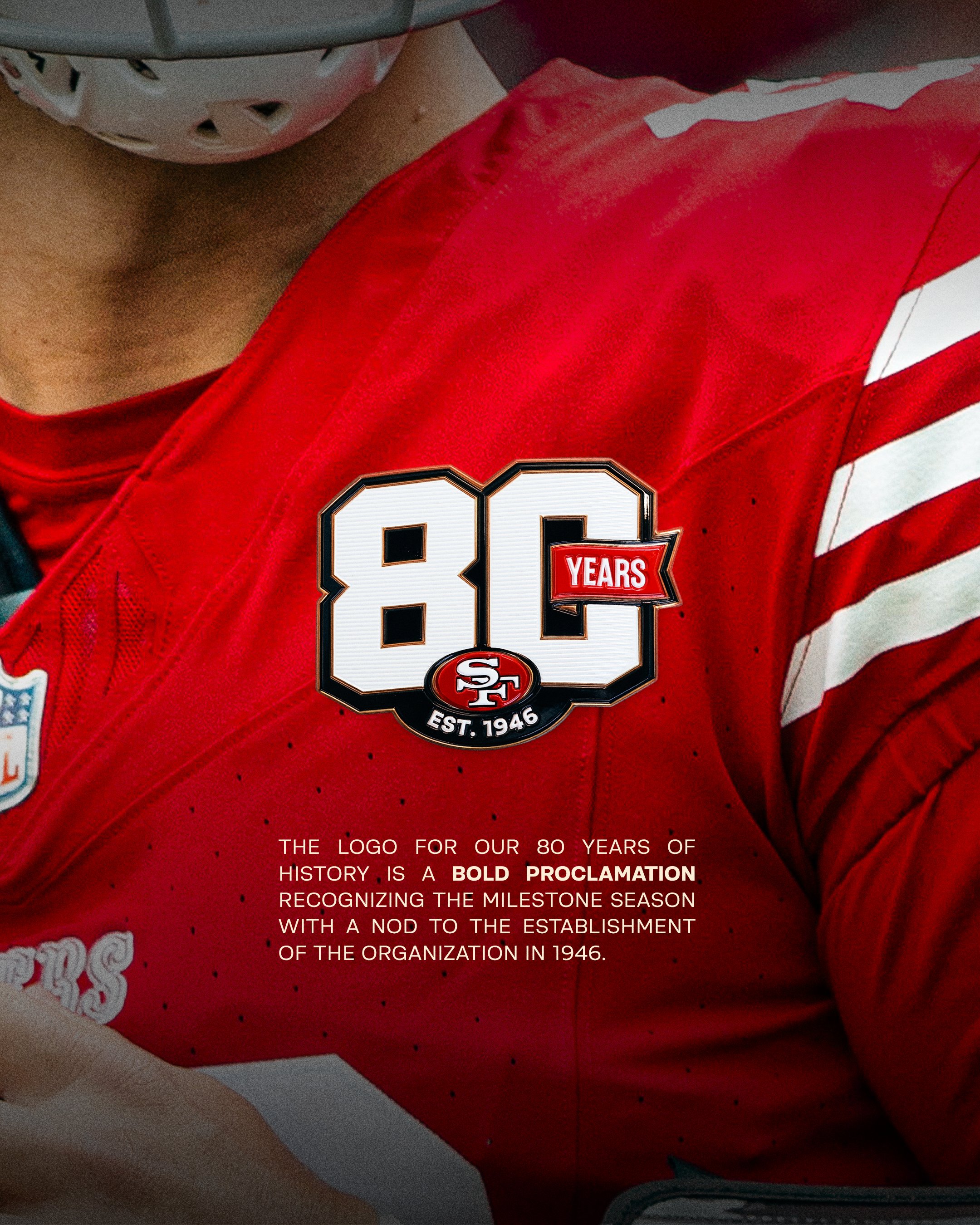San Francisco 49ers 80th anniversary patch on jersey close-up 2026