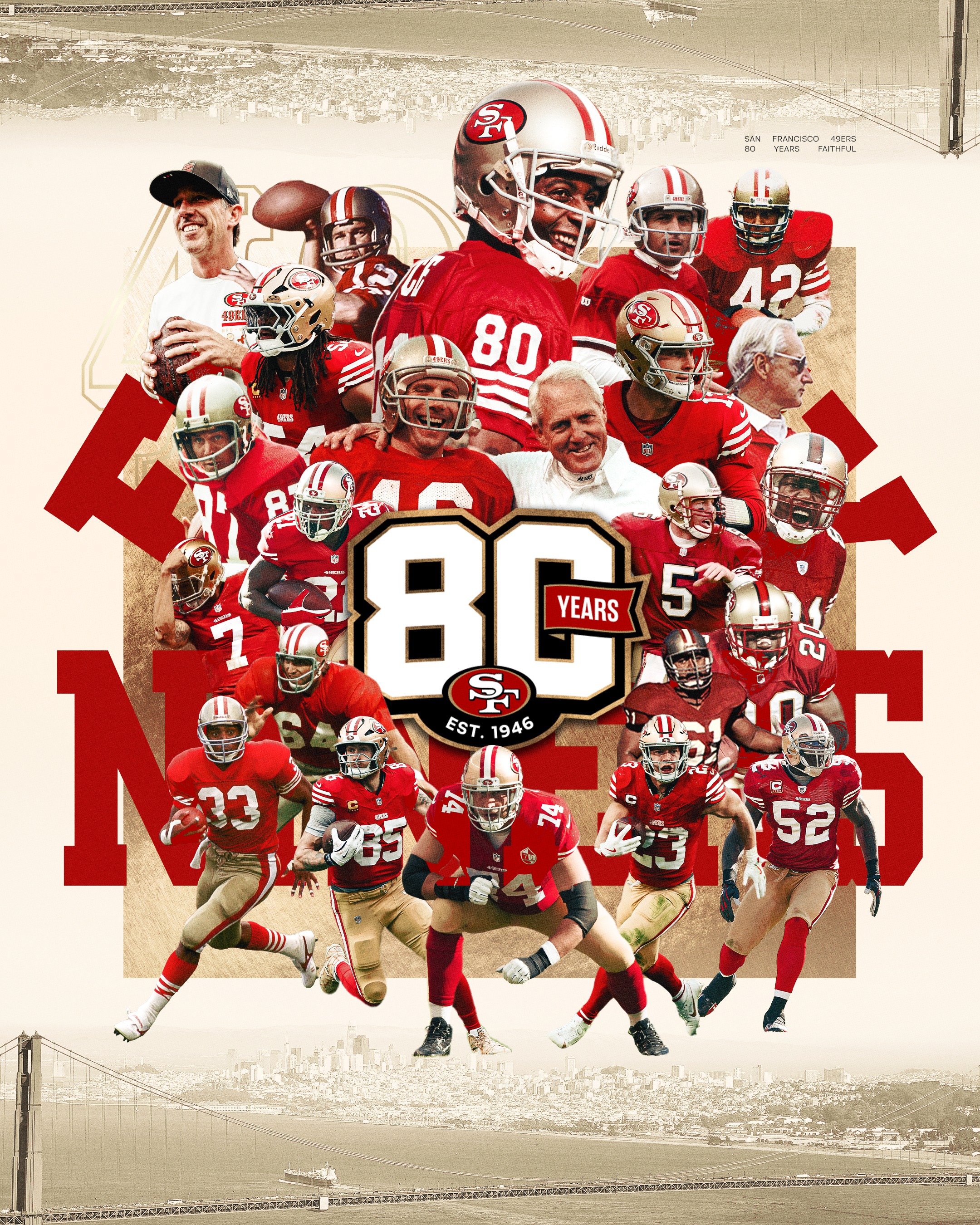 San Francisco 49ers 80th anniversary campaign legends collage 2026