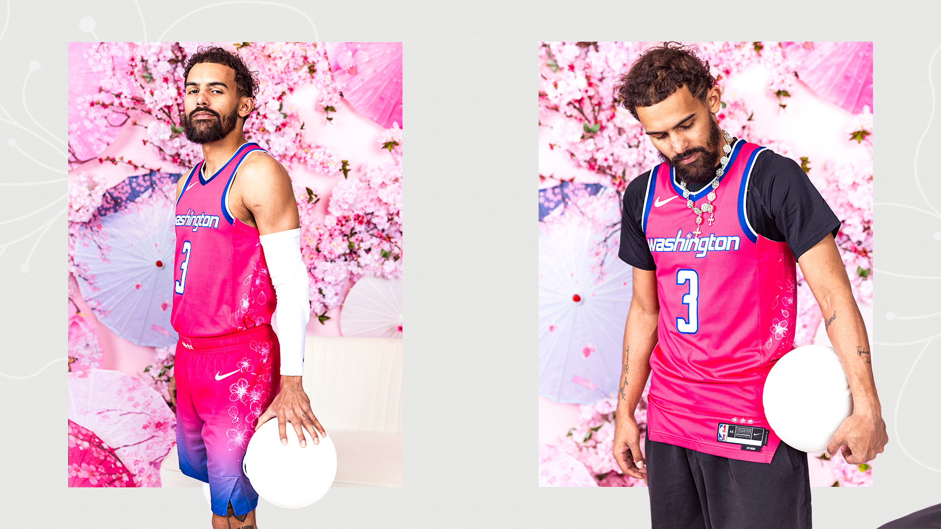 Side by side views of Wizards cherry blossom City Edition jersey