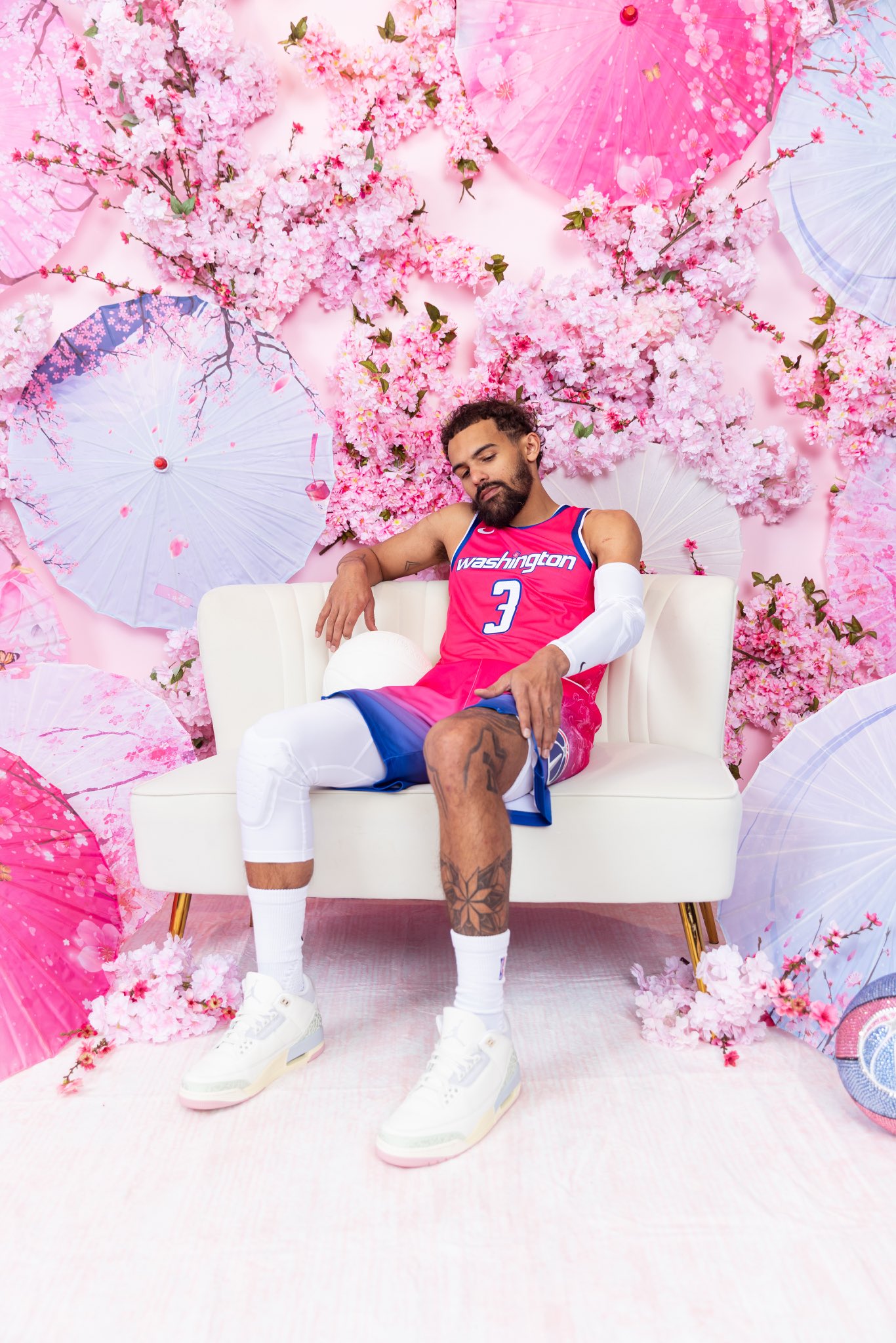 Trae Young in Wizards cherry blossom City Edition jersey full body